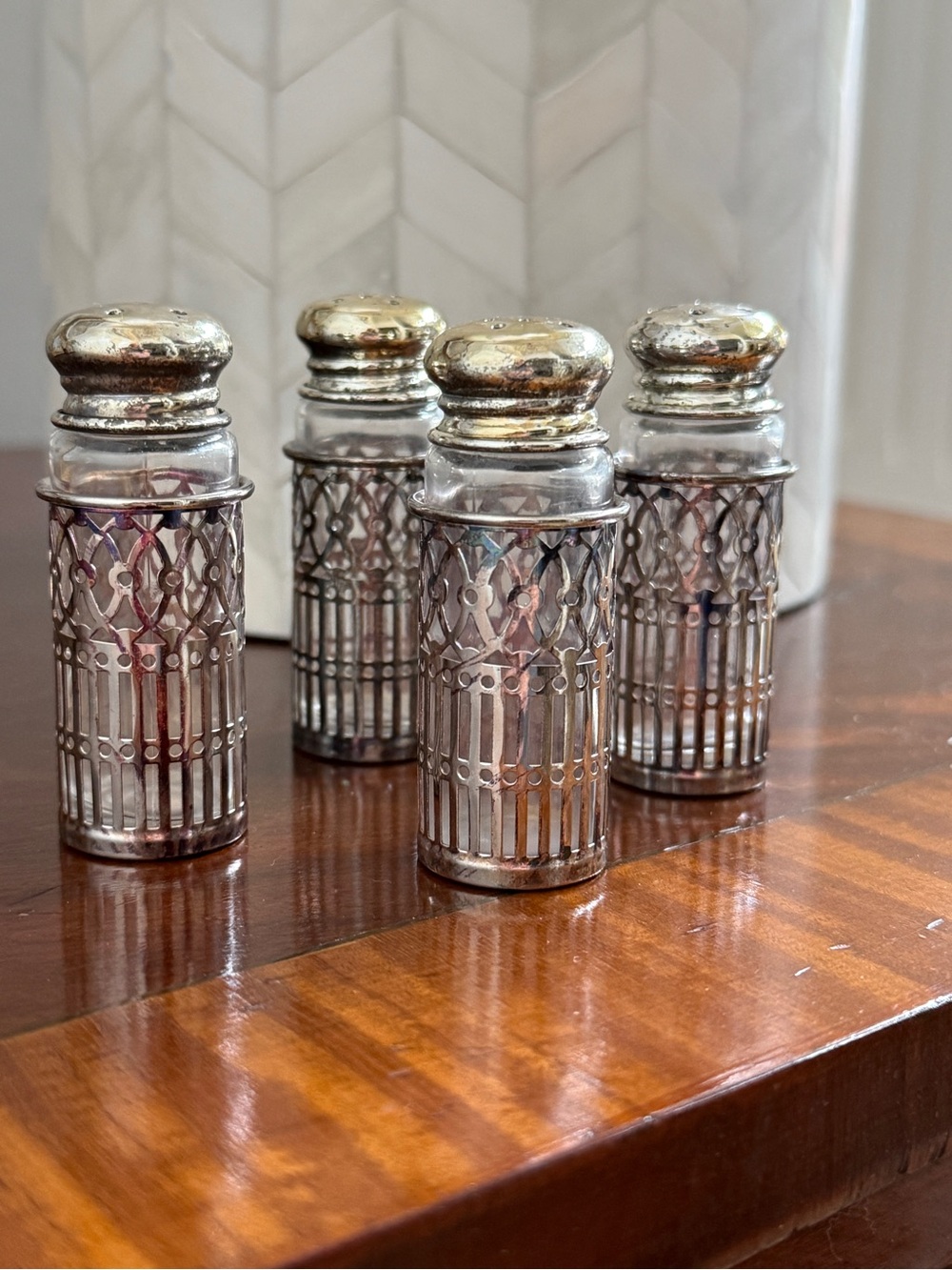 Vintage Silver Filigree Salt & Pepper Shakers Set of 4 - Clear Glass